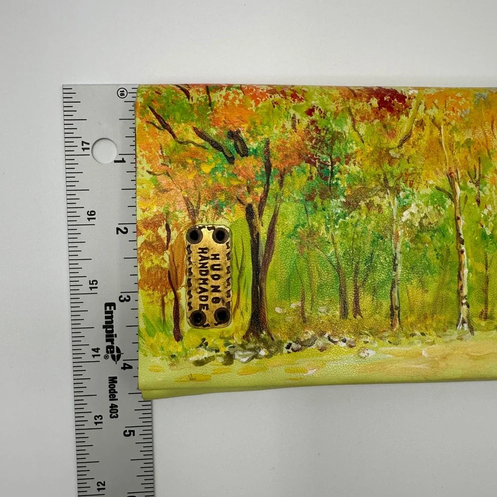 Huong Handmade Leather‎ Trifold Wallet Artisan Painted Nature Landscape Forest